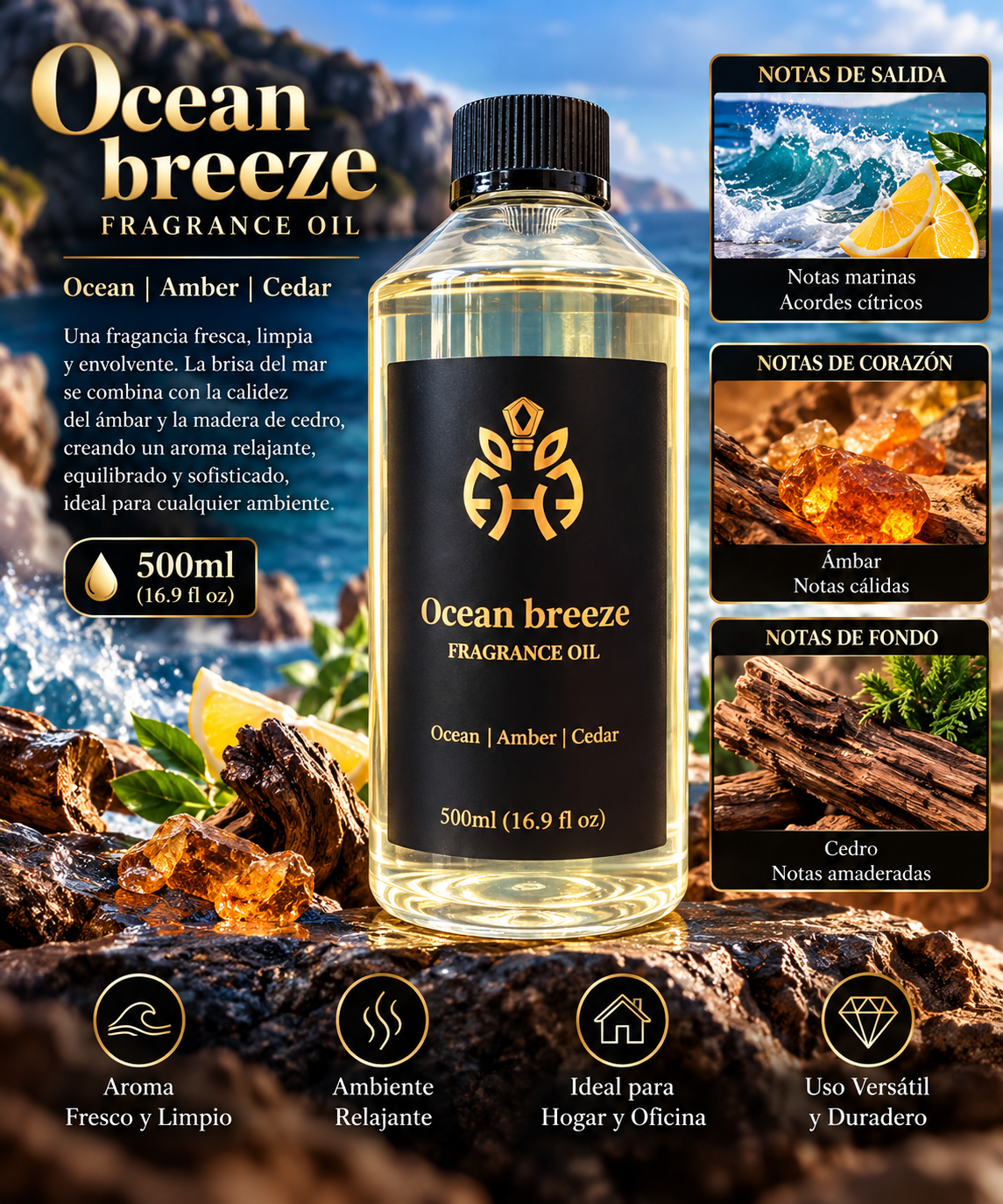 Ocean Breeze Diffuser Fragrance Oil 500ml – Aceite Aromático para Difusores