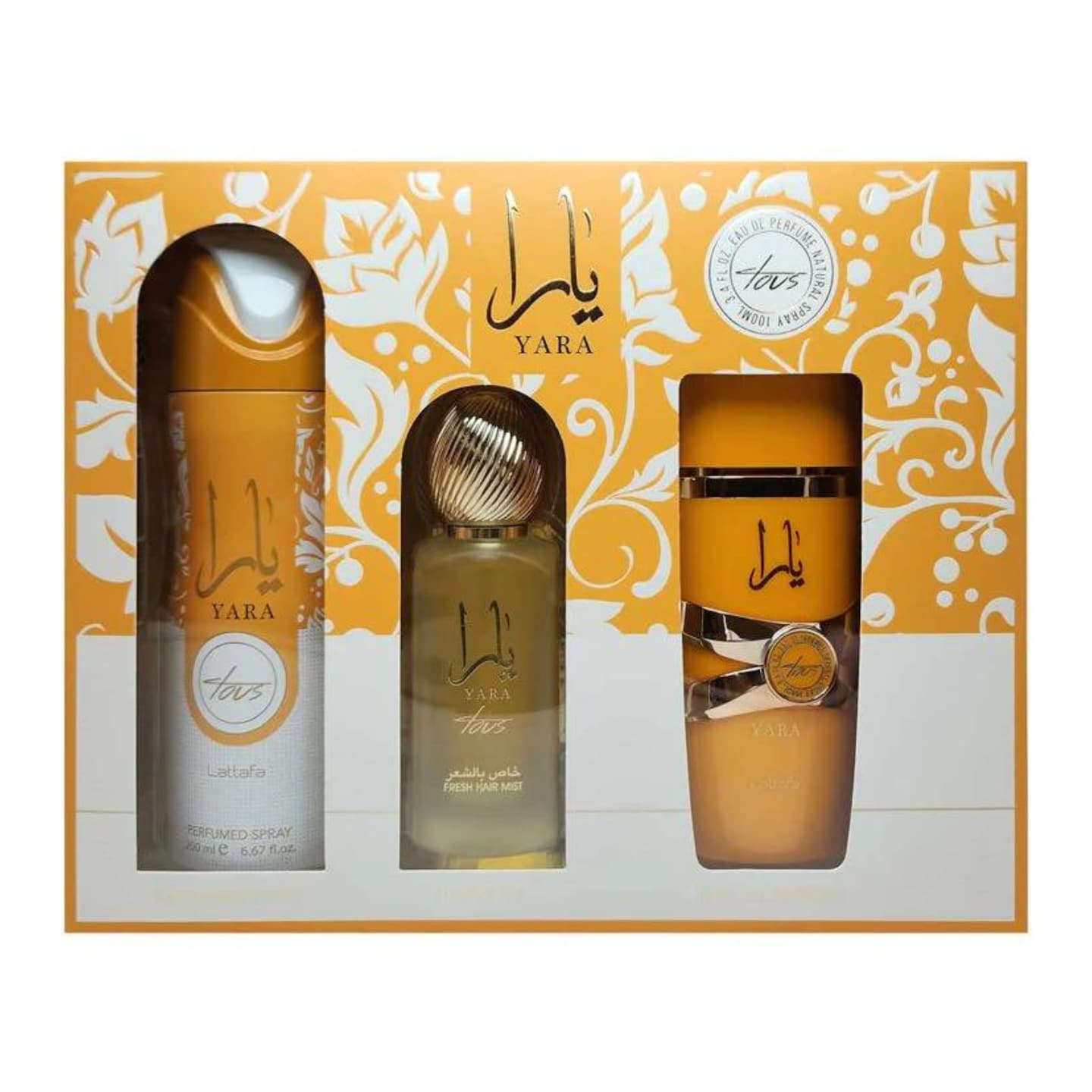 Set de 3 piezas Lattafa Yara Tous: Spray EDP de 3,4 oz + Bruma para el cabello de 1,7 oz + Spray para el cuerpo de 6,7 oz