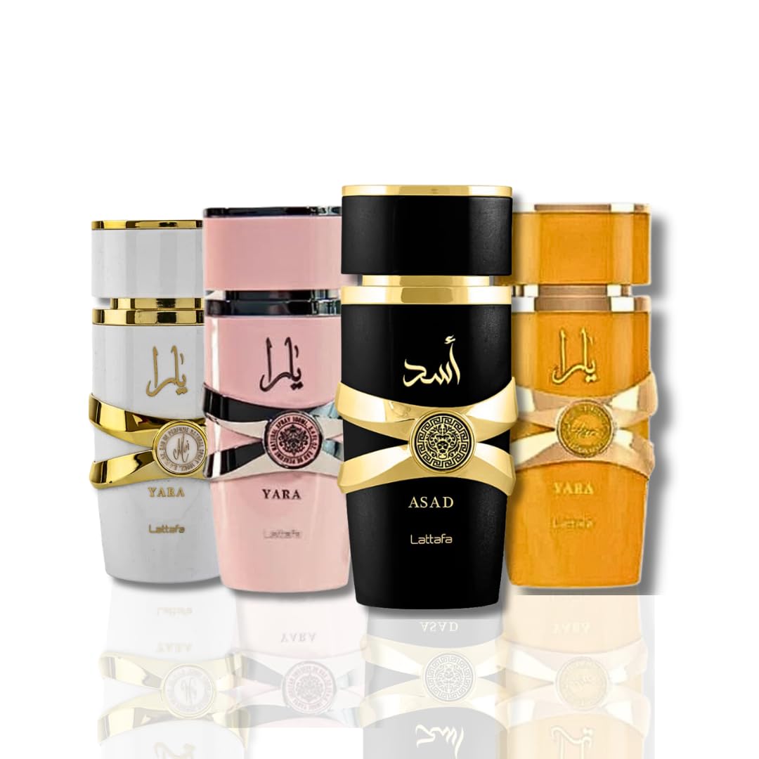 Lattafa for Unisex 4 Piece Eau de Parfum Gift Set (Yara for Women + Yara Moi for Women + Yara Tous for Women + Asad for Men) 3.4 Ounce/100 ml each