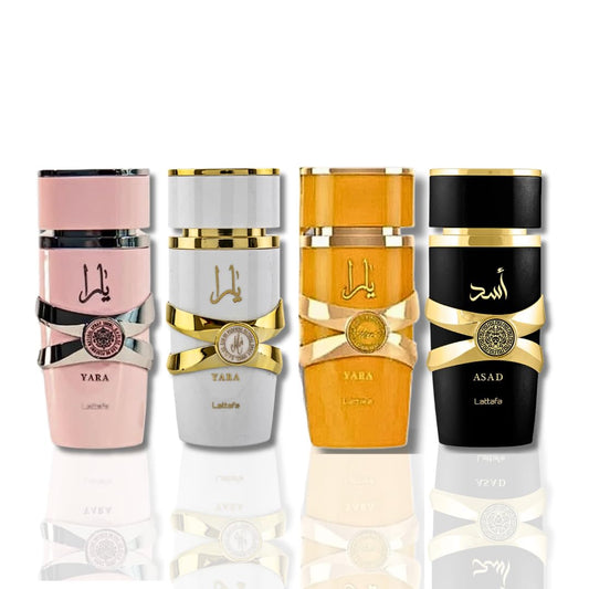 Lattafa for Unisex 4 Piece Eau de Parfum Gift Set (Yara for Women + Yara Moi for Women + Yara Tous for Women + Asad for Men) 3.4 Ounce/100 ml each