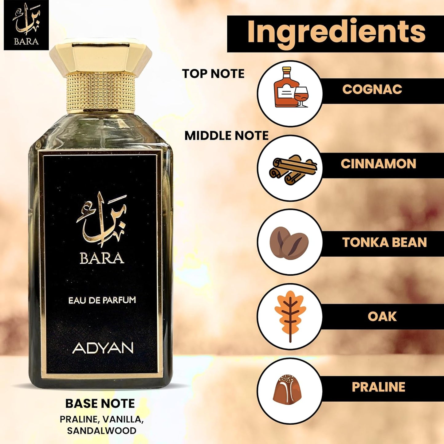 BARA Eau de Parfum (EDP) - 100ml | Unisex Fragrance with Cognac Top Note, Cinnamon, Tonka Bean, Oak Middle Notes, and Praline, Vanilla, Sandalwood Base Notes I Luxurious and Sophisticated