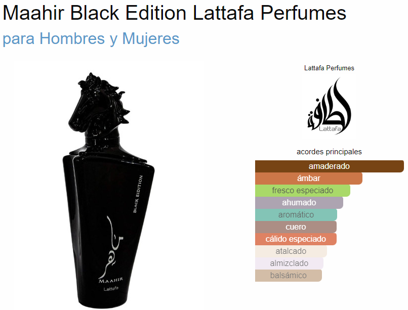 Lattafa Perfumes Maahir Black Edition para Eau de Parfum en spray unisex, 3.4 onzas