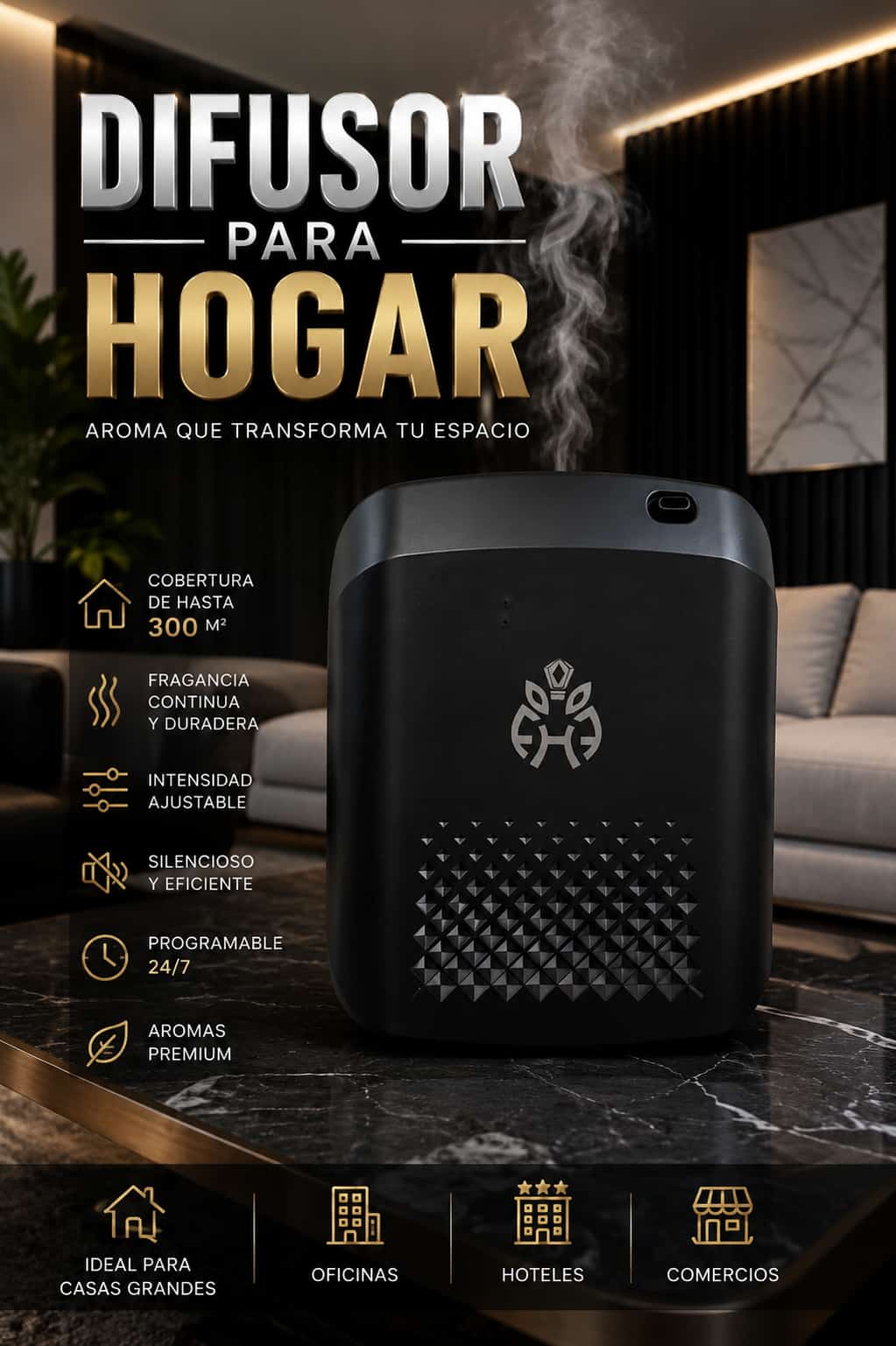 Difusor de Aromas Premium para Hogar Oficina Hotel y Comercio Cobertura Amplia Intensidad Ajustable
