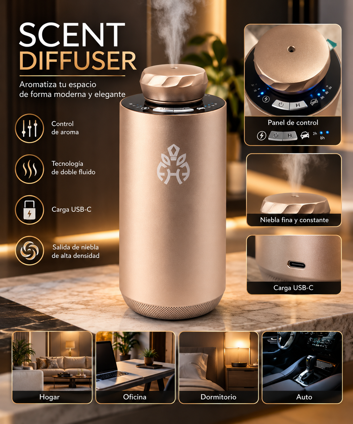 Difusor de Aromas Eléctrico USB-C para Hogar, Oficina y Auto | Scent Diffuser