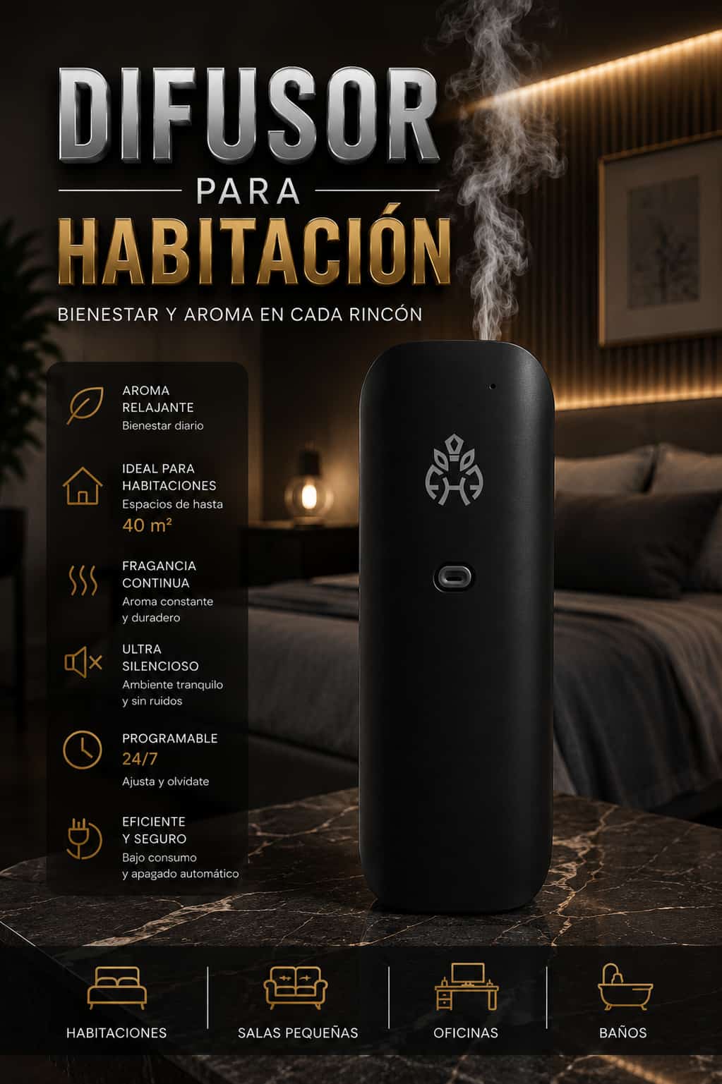 Difusor de Aroma Premium para Habitación Ambientador Silencioso Programable para Espacios Pequeños